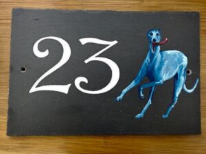 Greyhound House Number Plaque Running Blue
